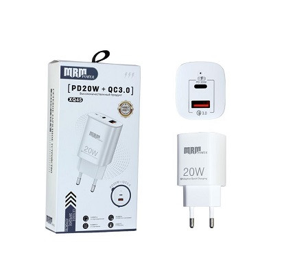 Блок питания сетевой 1 USB, TYPE-C, MRM XQ45 PD20W + QC3.0 5V/3.1A  White