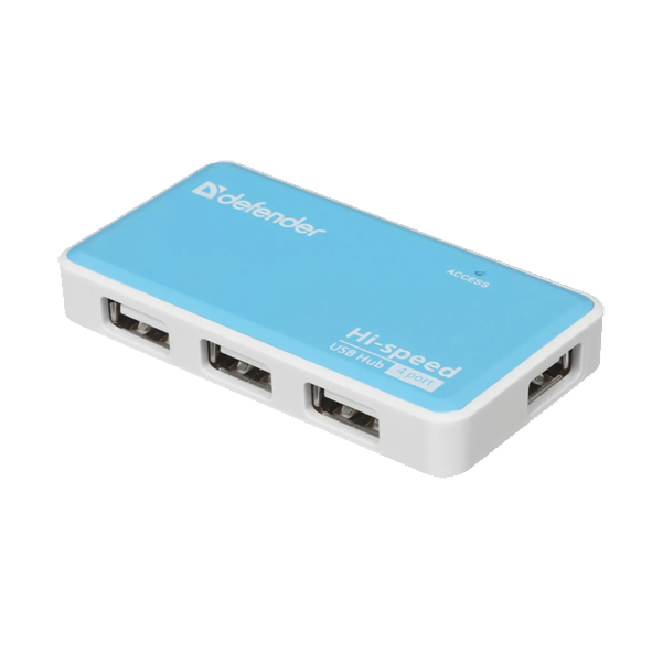 USB-концентратор DEFENDER, Quadro Power, 4 гнезда, 1 USB выход, цвет: голубой