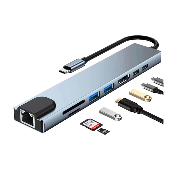 HUB Переходник 8в1 FAIZFULL FP49 (Hdmi, 2type-C, 2usb, microSD, Rj45)