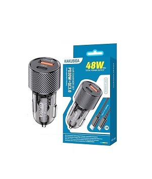Блок питания автомобильный 1 USB, TYPE-C KAKUSIGA KSC-678, 38W, PD30W, QC3,0, кабель Type-C-Type-C