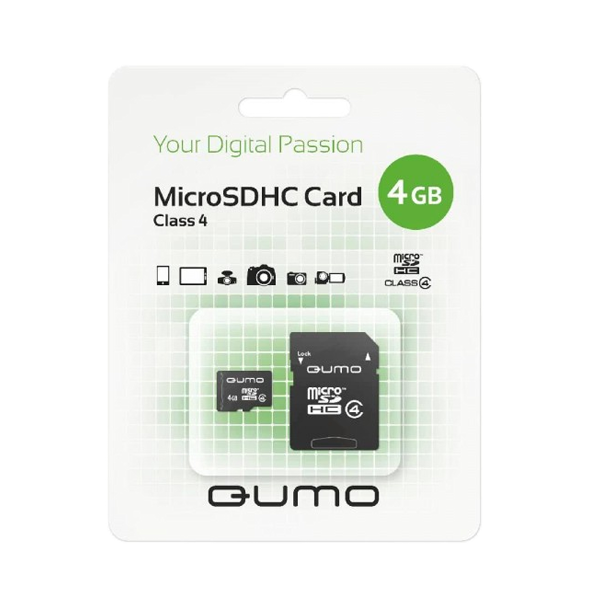 Карта памяти MicroSD 4GB QUMO Class 4 UHS-I + SD адаптер