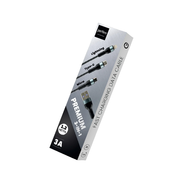 Универсальный зарядный USB-кабель 3 в 1 (Micro+Type-C+8 PIN вилка)  PERFEO, 3А, 1.2м, цвет: чёрный