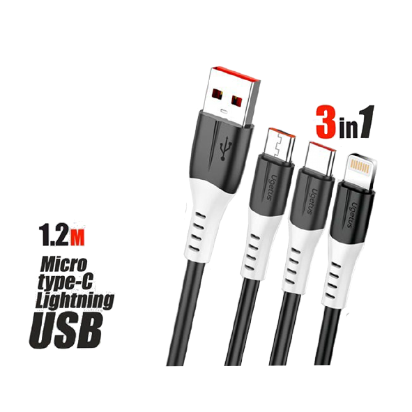 Универсальный зарядный USB-кабель UGETUS, 3 в 1 IPHONE/MICRO/TYPE-C, X83, цвет: чёрный