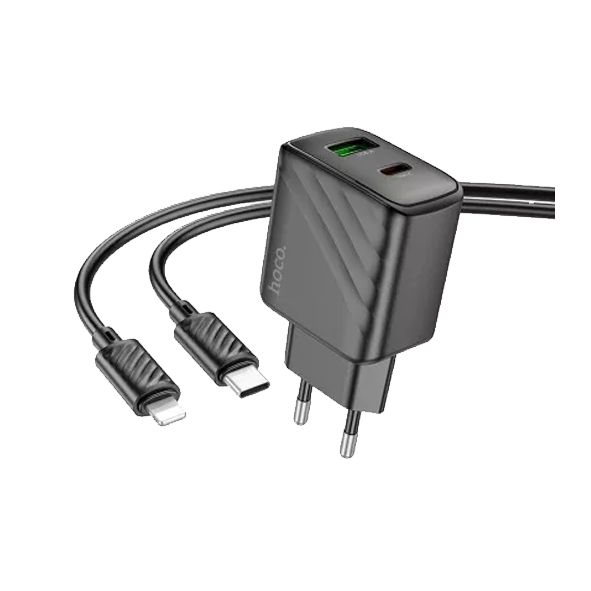 Блок питания сетевой 1 USB, 1 Type-C HOCO CS23A. кабель Type-C на Lightning 30W, цвет: чёрный