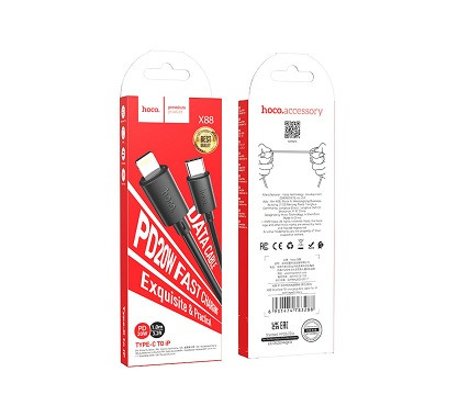 Кабель TYPE-C - 8 pin HOCO X88 Gratified, 1.0м, круглый, 2.4A, силикон, PD20W, цвет: чёрный